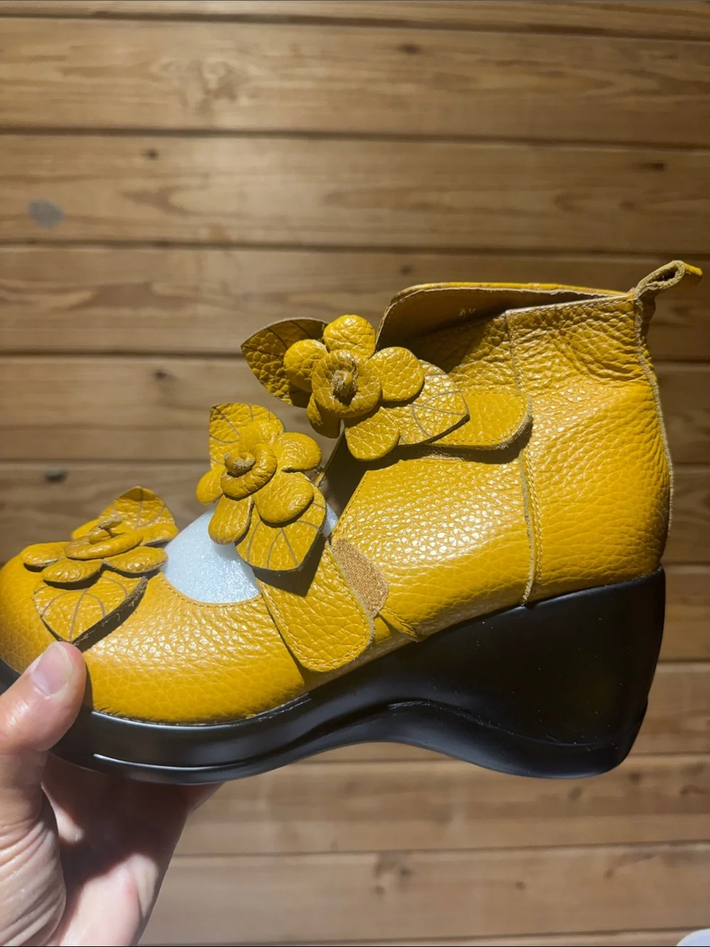 Women's Yellow Floral Leather Mary Jane Heels